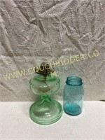 Green depression glass oil lamp