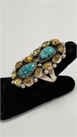 Sterling Double Kingman Turquoise & Amber Ring