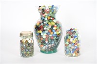 Large Collection Vintage Marbles In Jars, Vase