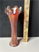 Fenton Red Carnival Glass Fine Rib Swing Vase 10"