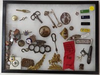 Various Items In Frame Incl. Vintage Keys,