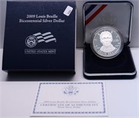 PROOF LOUIS BRAILLE SILVER DOLLAR W BOX PAPERS