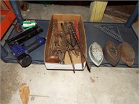 Tools on Shelf, Sad Irons, Drill Bits, Air Nailer