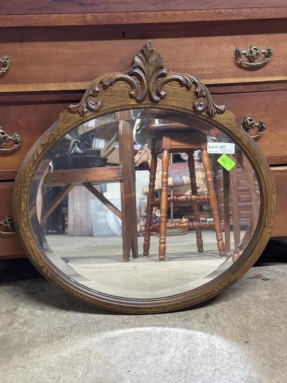 tiger oak oval mirror with carved crown