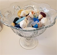 VINTAGE GLASS COMPOTE WITH SEA GLASS & SHELLS