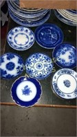 Assorted bread plates/saucers mostly flow blue.