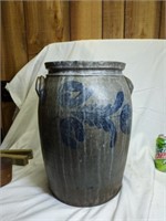 Larger Vintage Blue Decorated Stone Jar 14 1/2" ta