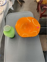 Art Glass Green Vase & Orange Bowl
