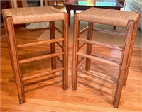 Pair of Wood Stools with Woven Seats