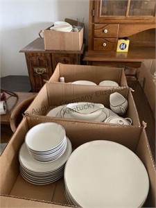 4 boxes dishes, serving plate, gravy, bowl, and