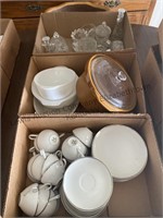 3 boxes coffee, cups, and saucers, cookware,