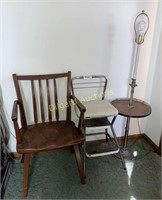 Wooden chair, step stool and table lamp