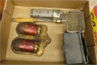 Vintage match safes, grater, & soap holder