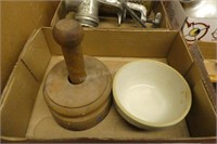 Wood butter press & small stoneware bowl