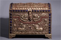 Qing Chinese Bronze Jewelry Case w Dragons