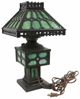 B&H ARTS & CRAFTS CAST IRON GREEN SLAG GLASS LAMP