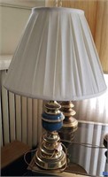 Blue and brass lamp , 30 inch to top of finial.