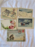 5 Antique Post Cards Bears on Bike & Caron