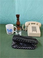 Lot including home touch tone phone, make up case