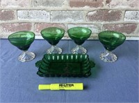 BOX LOT: 5 GREEN SORBET CUPS & GREEN GLASS BUTTER