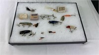 Vintage fishing lures, hooks in boxes & showcase