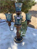 Voltive Candelabra, wood, metal & Blue Glass