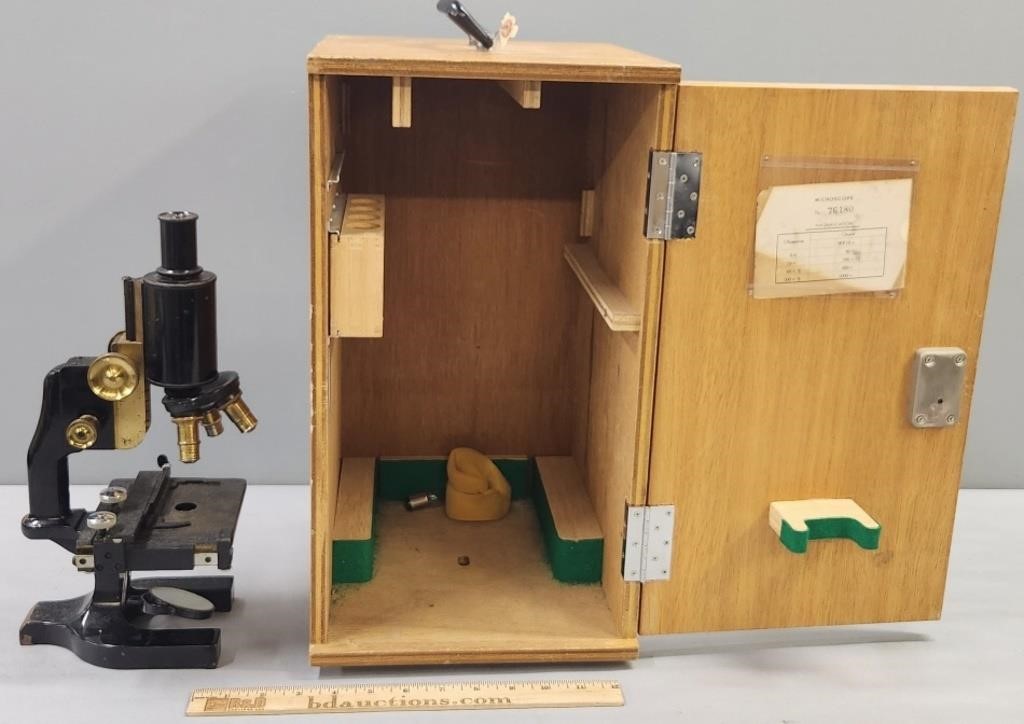 Microscope & Wood Case Scientific Instrument