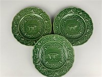 Three Pinheiro Green Embossed Pig plates Portugal