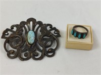 Vintage Sterling & Turquoise Broach and Ring
