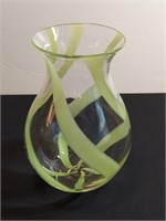 Hand Blown Chartreuse Ribbon On Clear Glass Vase.