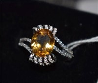 Sterling Silver Ring w/ Citrine & White Stones