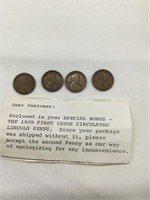 Four 1909 First Issue Circulated Lincoln Pennies