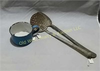Enamel Cup, Bowl & Metal Spoon & Strainer