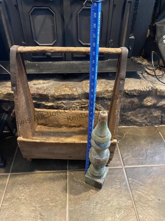 Vintage toolbox and wooden spindle