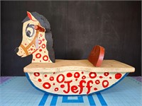 Vtg hand made hand painted solid oak rocking horse