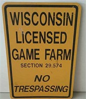 Tin Wisconsin game farm sign