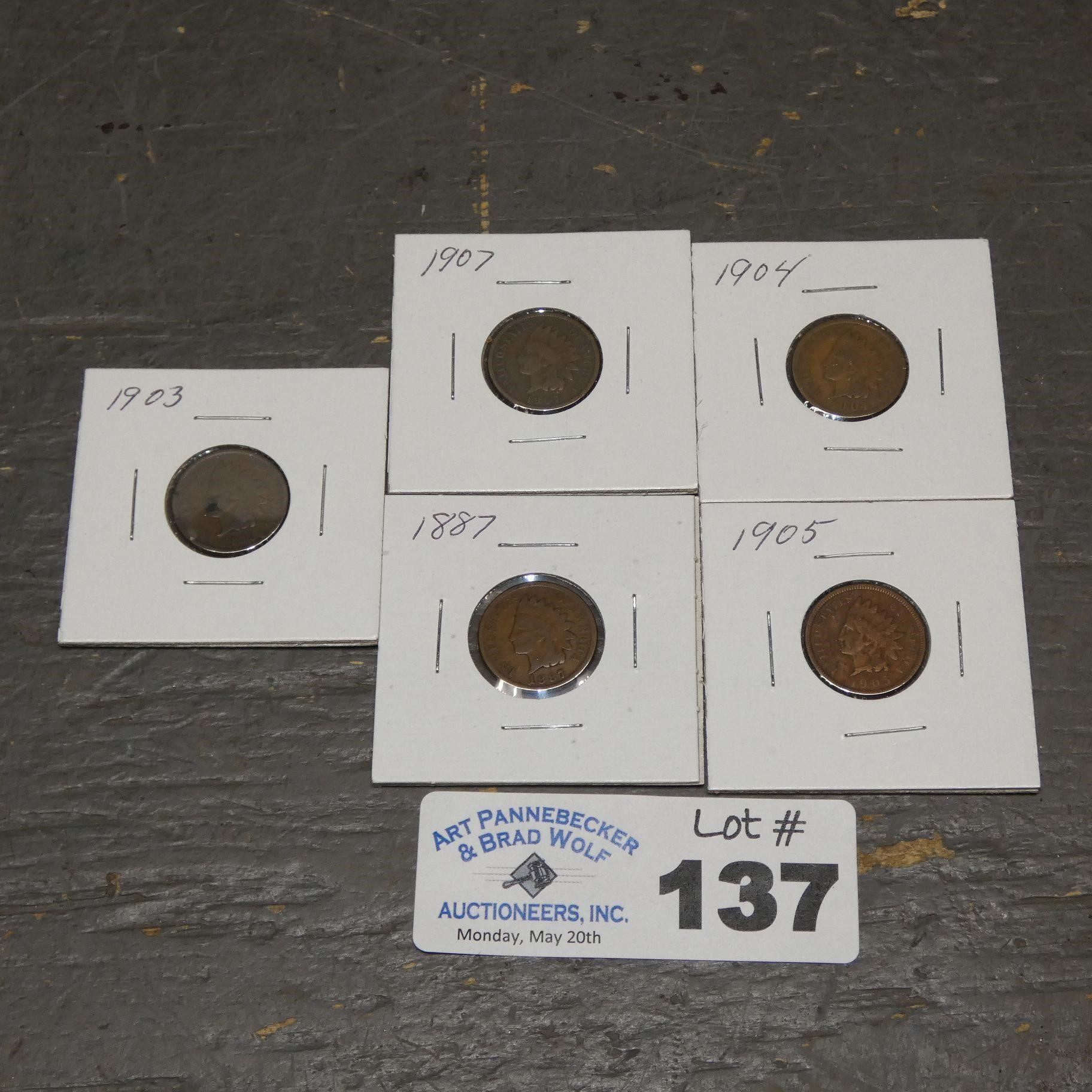 (5) Indian Head Cents / Pennies