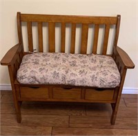 WOODEN DEACON’S BENCH WITH THREE STORAGE DOORS