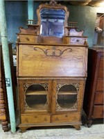 Ornate Oak Secretary Slant Front Desk