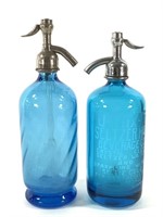 2 Blue Glass Seltzer Bottles, Seltzerman + French