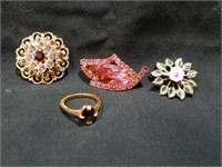 Lot of Vintage Jewelry: 3 Ornate Brooches and 1