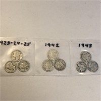 SILVER Mercury Dime LOT x 9 1923-43