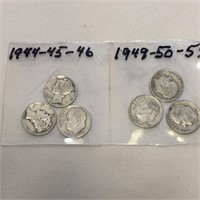 SILVER Mercury/Roosevelt Dime LOT x 6 1944-52