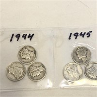 SILVER Mercury Dime LOT x 6 1944 & 1945