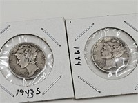 1943S  44 Mercury Silver Dime Coins