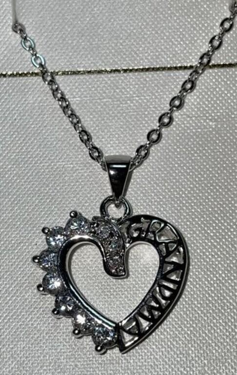 Silver Tone Clear Stones "Grandma" Heart Necklace