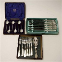 Three cased silver & plated cutlery sets