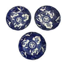 3 Antique Blue & White Painted Asian Bowls