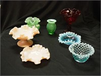 Seven pieces of colored Fenton hobnail glass: