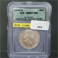 ICG 1953-D MS64 90% Silver Franklin Half $1